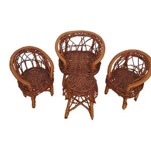 Vintage Miniature Doll 4-Pc Wicker Furniture Set Sofa + 2 Chairs & Table Handmad